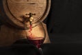 Pouring wine into a glass from a barrel, a close-up on a dark background Royalty Free Stock Photo