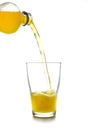 Pouring yellow softdrink lemonade made from orange juice from a