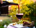 Pouring yound red beaujolais wine in glass during celebration of end of harvest and first sale release on third Thursday of Royalty Free Stock Photo