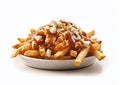 Poutine fast food snack with cheese and gravy sauce on white background.Macro.Ai Generative