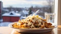 poutine on a plate on the dining table, ready to eat.Generative AI