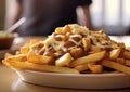 Poutine snack with cheese and gravy sauce in fast food restaurant.Macro.Ai Generative