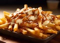 Poutine snack with fries and cheese and gravy sauce topping on table.Macro.Ai Generative