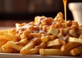 Poutine snack with fries and cheese and gravy sauce topping on table.Macro.Ai Generative