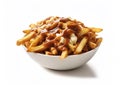 Poutine snack with fries and cheese and gravy sauce topping on white background.Macro.Ai Generative