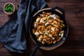 Poutine tater tot nachos, against a dark background, ready for snacking.