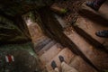 POV on Beautiful path with stairs steps carved in sandstone leading through old forest located in Adrspach, Cze Royalty Free Stock Photo