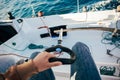 POV of captain steering wheel of sailboat Royalty Free Stock Photo