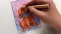 POV drawing cute brown dog wearing collar in circus. Cartoonist working. Creating character design. Color pencil sketch