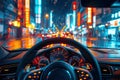 POV from the driver of car. Steering wheel, speedometer and dashboard in car close-up with a view of night city Royalty Free Stock Photo