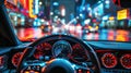 POV from driver of car. Steering wheel, speedometer and dashboard in a luxury sports car Royalty Free Stock Photo