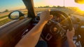 POV: First person shot of cruising down the freeway in a Porsche at sunset.