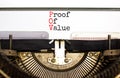 POV Proof of value symbol. Concept words POV Proof of value typed on beautiful retro old typewriter. Beautiful white background. Royalty Free Stock Photo