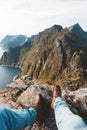 POV view on great mountains and hiking boots Royalty Free Stock Photo