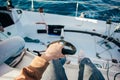 POV of captain steering wheel of sailboat Royalty Free Stock Photo