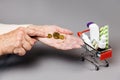 Poverty. Hands of elderly woman counting a coinson near full of medicines little shopping cart. Gray background. Concept