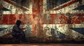 Poverty in the United Kingdom showing a homeless underprivileged teenage youth in England with a distressed Union Jack flag in the Royalty Free Stock Photo