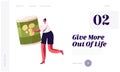 Poverty and Volunteering Website Landing Page. Woman Holding Canned Food Jar. People Bringing Foodstuffs