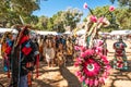 Pow Wow. Grand Entry. Native Americans in Full Regalia Moving in Circle Royalty Free Stock Photo