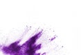 Purple color powder explosion on white background.