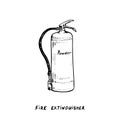 Powder fire extinguisher type, ink drawing illustration isolated on white wih inscription