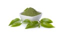 Powder green tea and green tea leaf