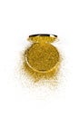Powder highlighter in a gold powder box with gold sparkles reflected in the mirror. Isolated on white background.