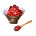 Powder red hot peppers in a bowl and spoon watercolor illustration isolated on white background. Royalty Free Stock Photo