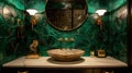 A powder room is transformed into a jewel box with the application of a deep emerald green textured wallpaper featuring Royalty Free Stock Photo