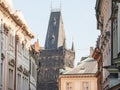 Powder tower, also called Prasna Brana, in Prague, Czech Republic, taken from the narrow streets of Old Town.