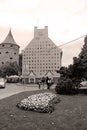 Powder tower and Jacob Barracks building showing coats of arms for Latvian parishes, Tornu Street, old town, Riga Royalty Free Stock Photo