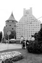 Powder tower and Jacob Barracks building showing coats of arms for Latvian parishes, Tornu Street, old town, Riga Royalty Free Stock Photo