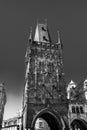 The Powder Tower - medieval gothic gate in Prague in a sunny day, Czech Republic. Black and white photography