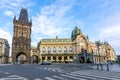 Powder tower Prasna Brana and Municipal House Obecni Dum on Republic square, Prague, Czech Republic