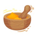 Powdered Dried Turmeric Root in Wooden Bowl with Pestle Vector Illustration