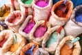 Powdered pigments in sacks for sale in blue town chefchaouen, morocco