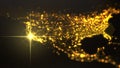 Power of america, energy beam on palo alto. dark map with illuminated cities and human density areas. 3d illustration