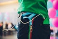 Power bank lies in a back pocket of jeans, in the other is a mobile phone that is charged. Royalty Free Stock Photo