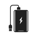 Power bank with USB cable and lightning sign bold black silhouette icon. Battery charger pictogram.