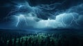 power and beauty of nature as a thunderstorm brews over a tranquil rural forest, with ominous clouds, flashes of lightning, and