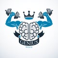 Power Brain emblem, genius concept. Vector design of human anatomical brain with strong bicep hands of bodybuilder. Brain