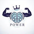Power Brain emblem, genius concept. Vector design of human anatomical brain with strong bicep hands of bodybuilder. Brain training