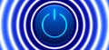 Power button with blue neon circle lights, vector background. Activation concept illustration. Royalty Free Stock Photo