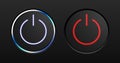 Power button realistic vector set. Blue and red light start button icons on a black background.