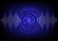 Power of digital sound wave futuristic technology with Hud. Sonar signal voice equalizer. Abstract background audio editor program Royalty Free Stock Photo