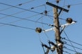 Power distribution. Electricity wires on a telegraph pole utility post. Royalty Free Stock Photo