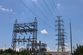 Photo of a power distribution station and high voltage poles on a sky background. Royalty Free Stock Photo