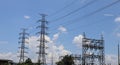 Photo of a power distribution station and high voltage poles on a sky background. Royalty Free Stock Photo