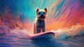 dog animal beach vacation puppy summer wave surfer ocean funny. Generative AI.