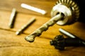 power drill closeup on wooden background Royalty Free Stock Photo